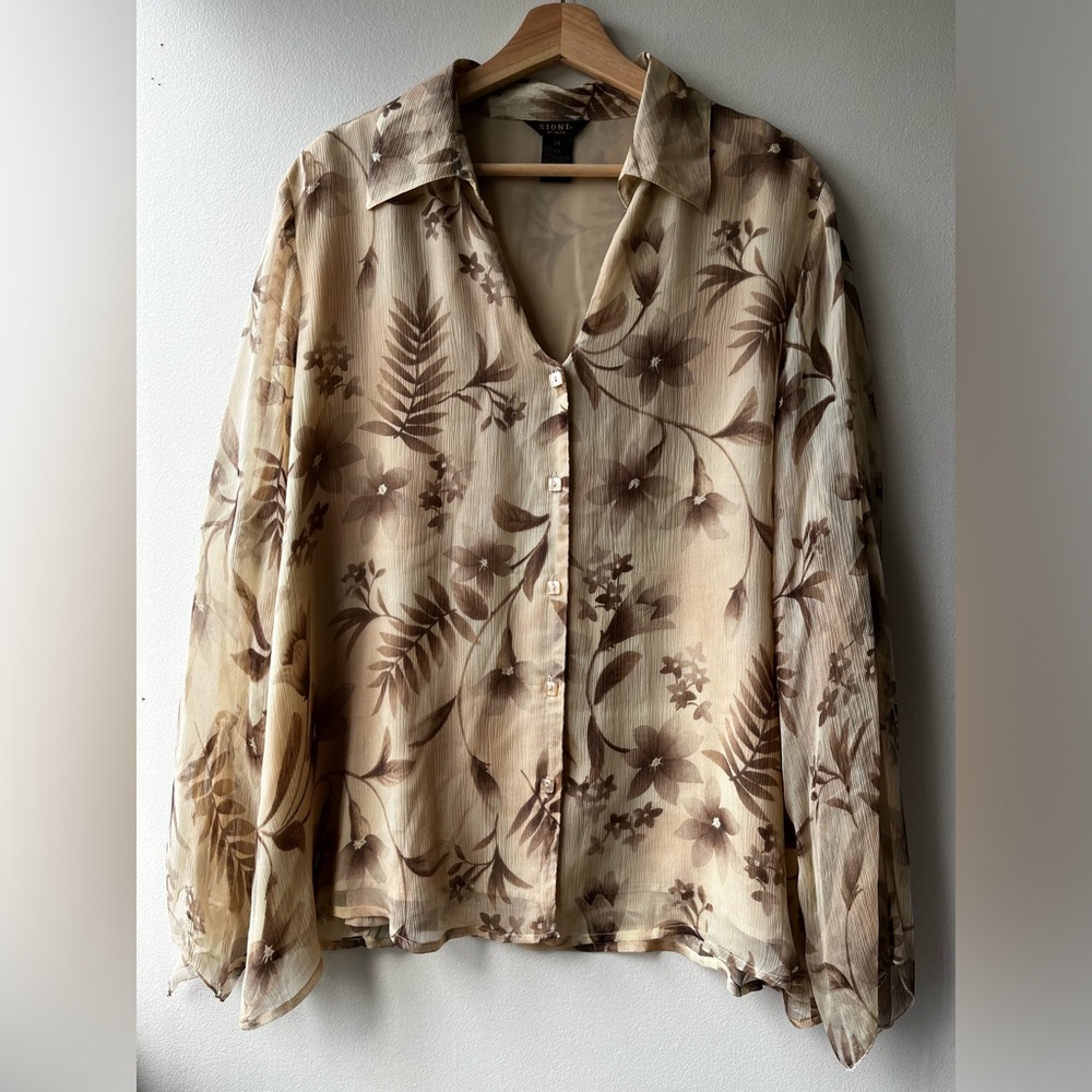 90s Vintage Sioni Silk Island Floral Button Up Blouse